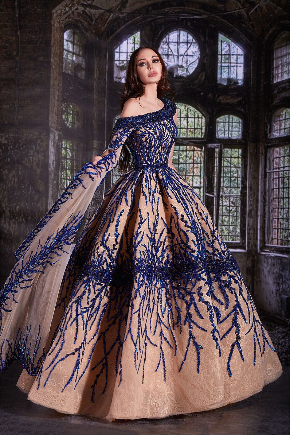Princess Cut Night Gown With A One-Sided Flared Dentelle Sleeve SAMAR ABOU RAAD Princess Cut Night Gown With A One-Sided Flared Dentelle Sleeve SAMAR ABOU RAAD
