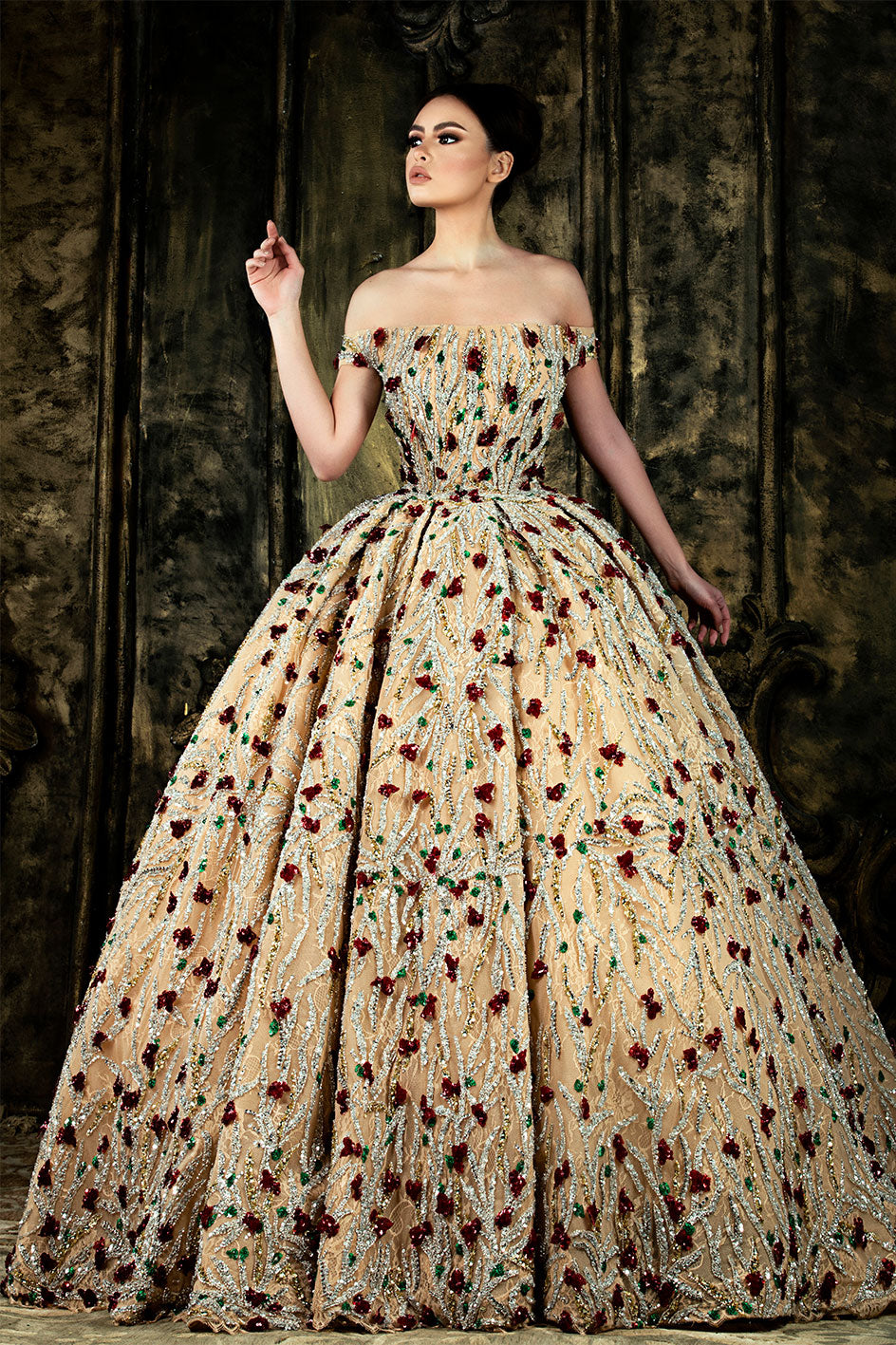 Princess Cut Night Gown Tailored With Finest Flower Shaped Crystals