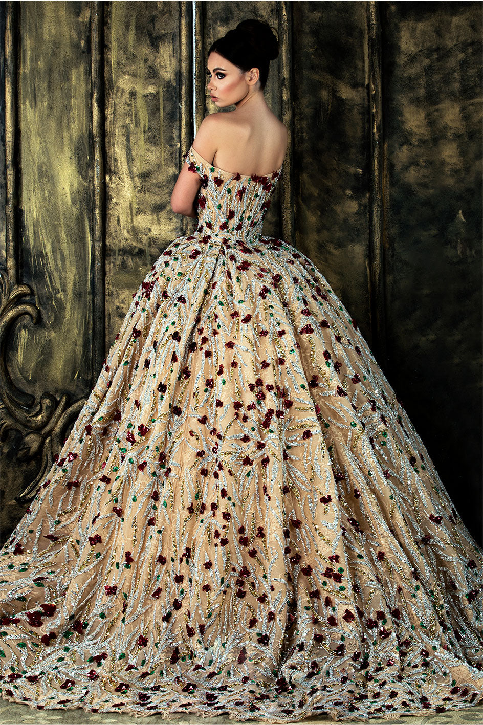 Princess Cut Night Gown Tailored With Finest Flower Shaped Crystals