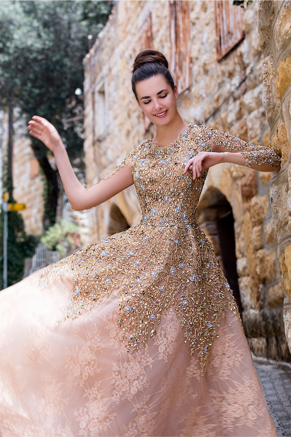 Tulle Crystal Dress With Over Skin Shoulders