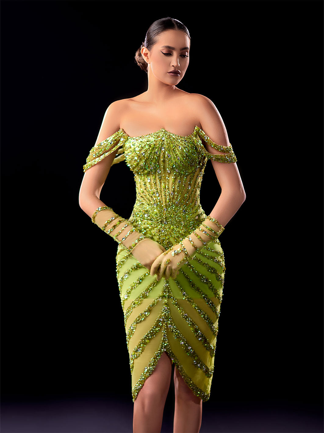 Green Off-Shoulder Midi Dress