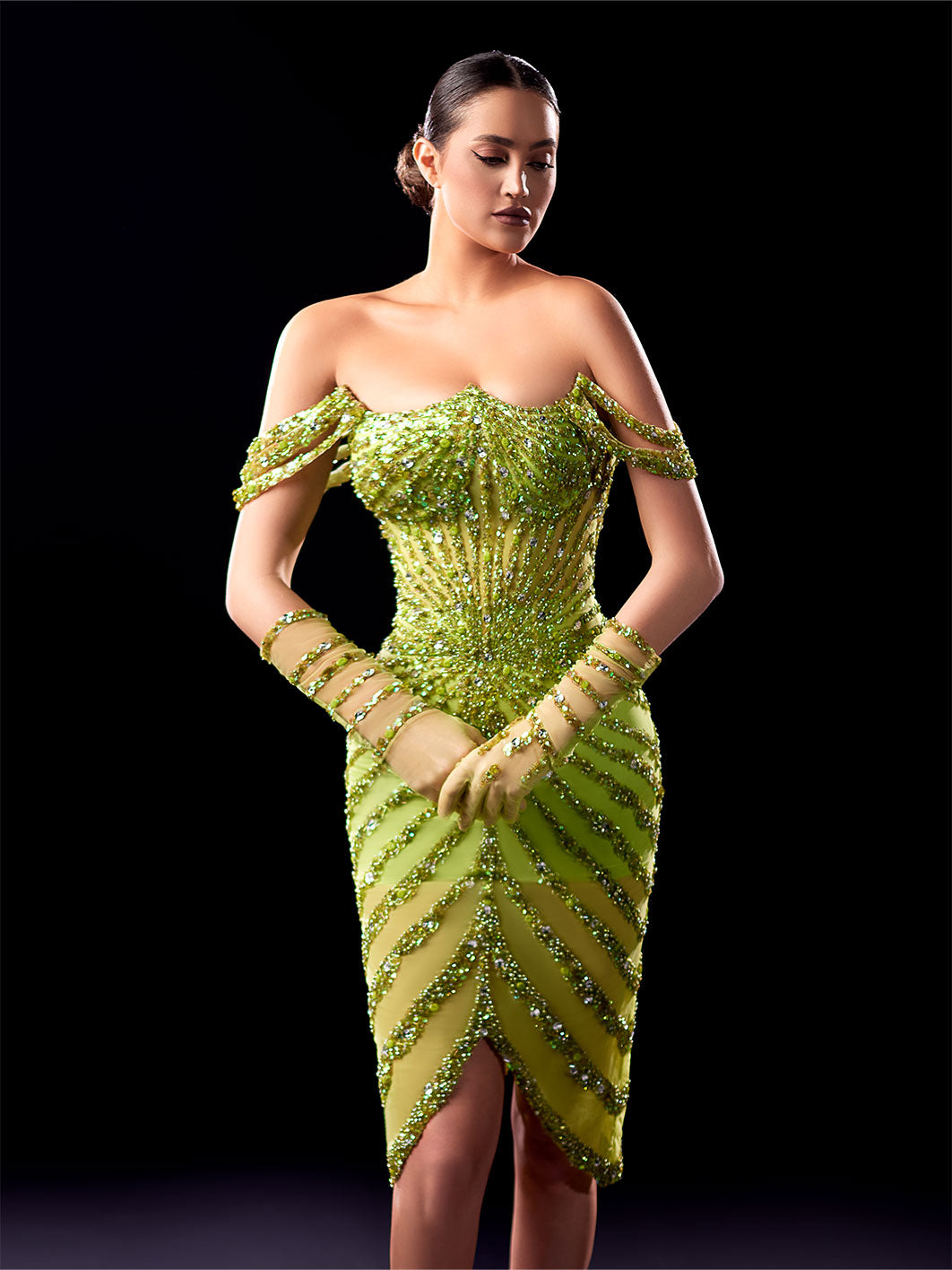 Green Off-Shoulder Midi Dress