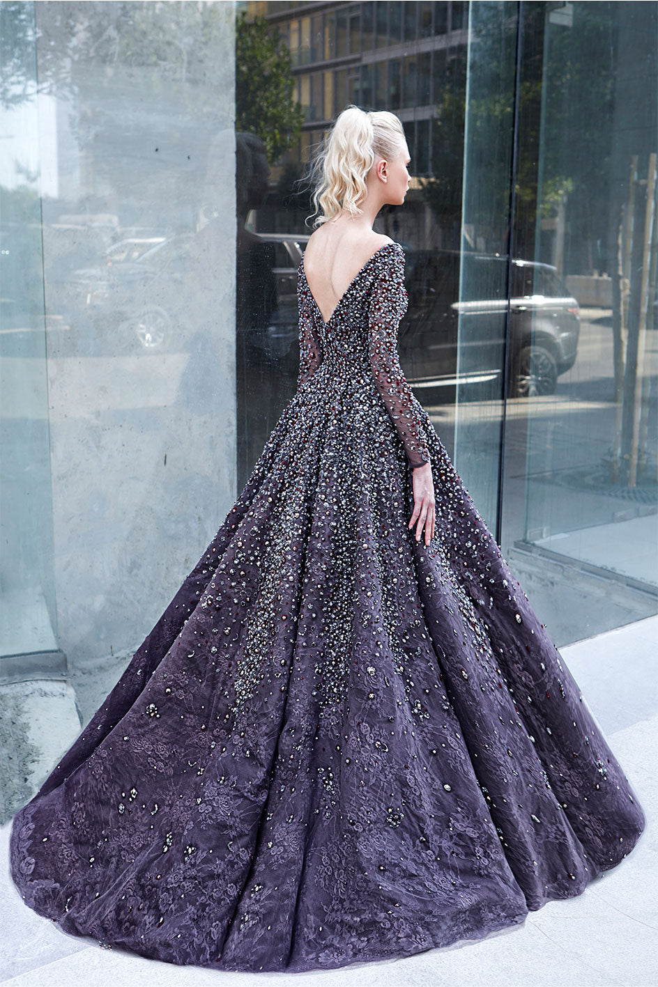 A-Line Cut Dress Embedded With Silver And Ruby Red Crystals