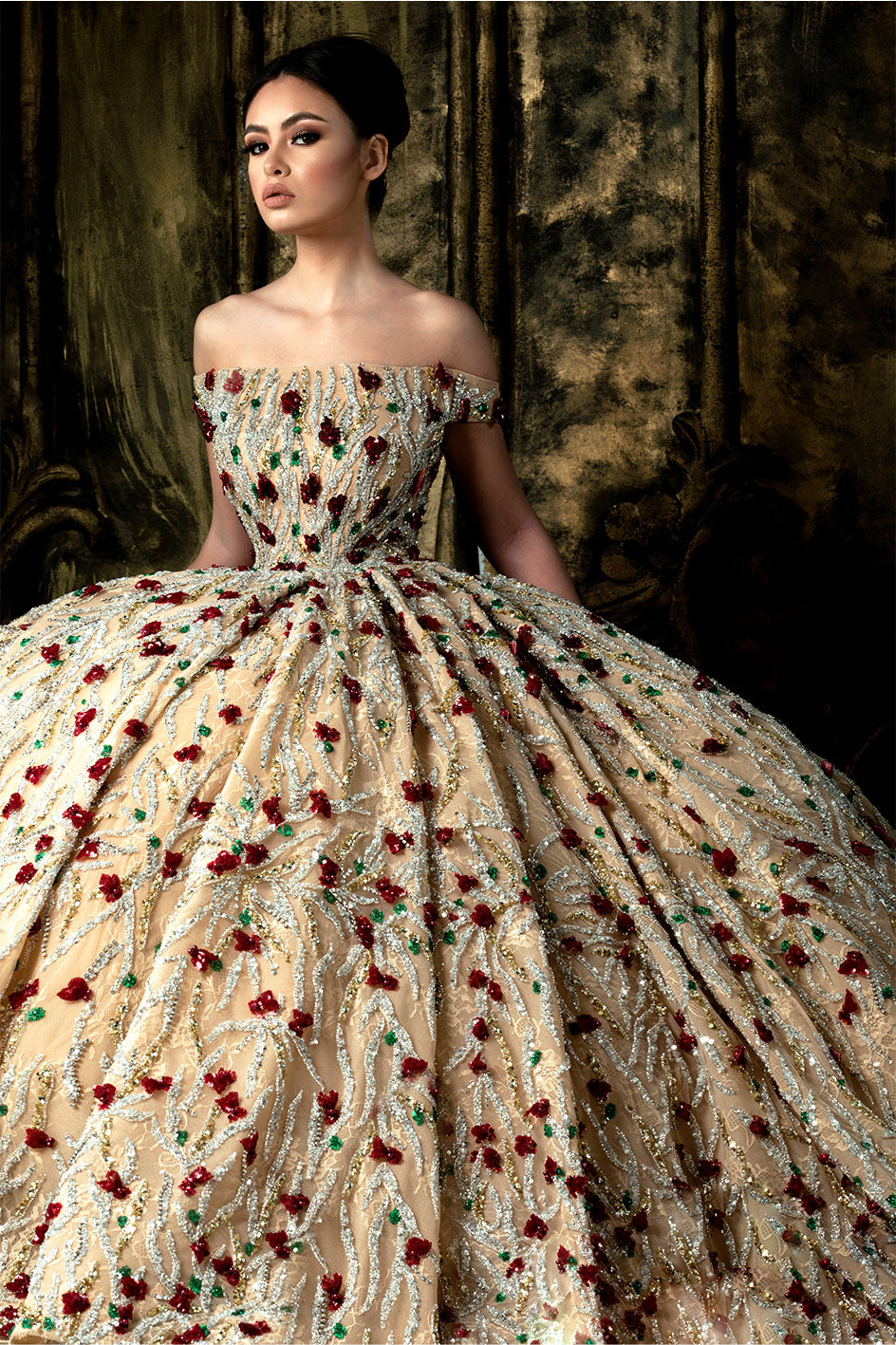 Princess Cut Night Gown Tailored With Finest Flower Shaped Crystals