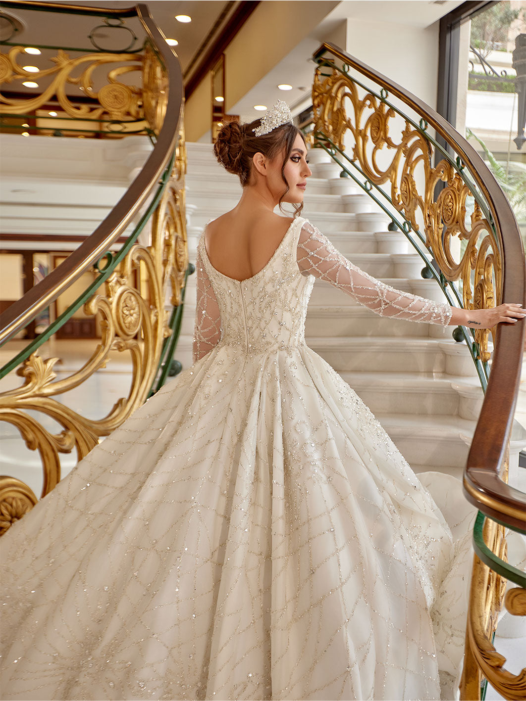 Long Sleeved Crystal Embedded Bridal Gown