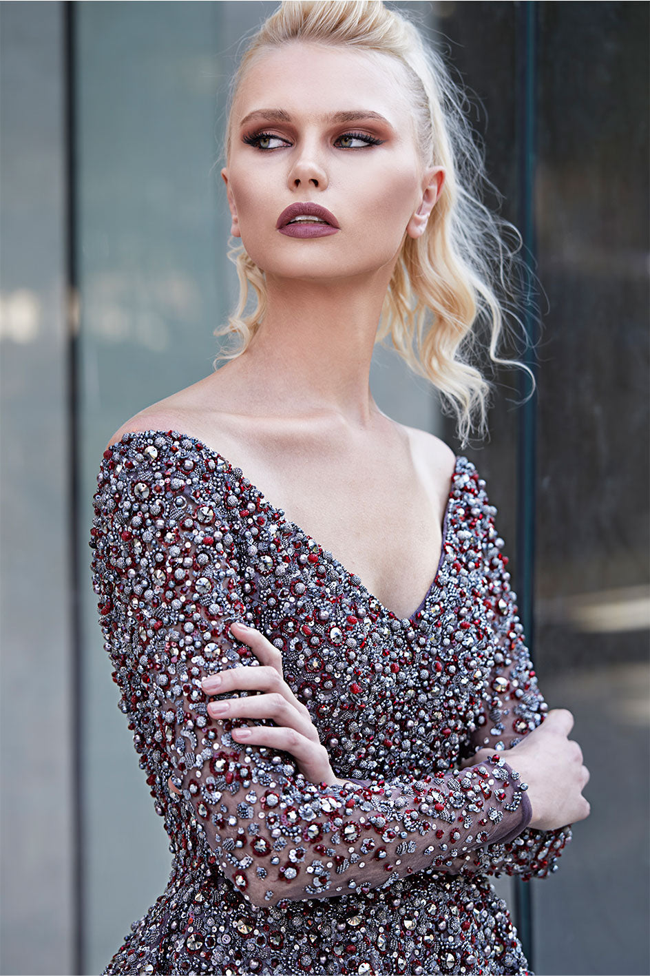 A-Line Cut Dress Embedded With Silver And Ruby Red Crystals