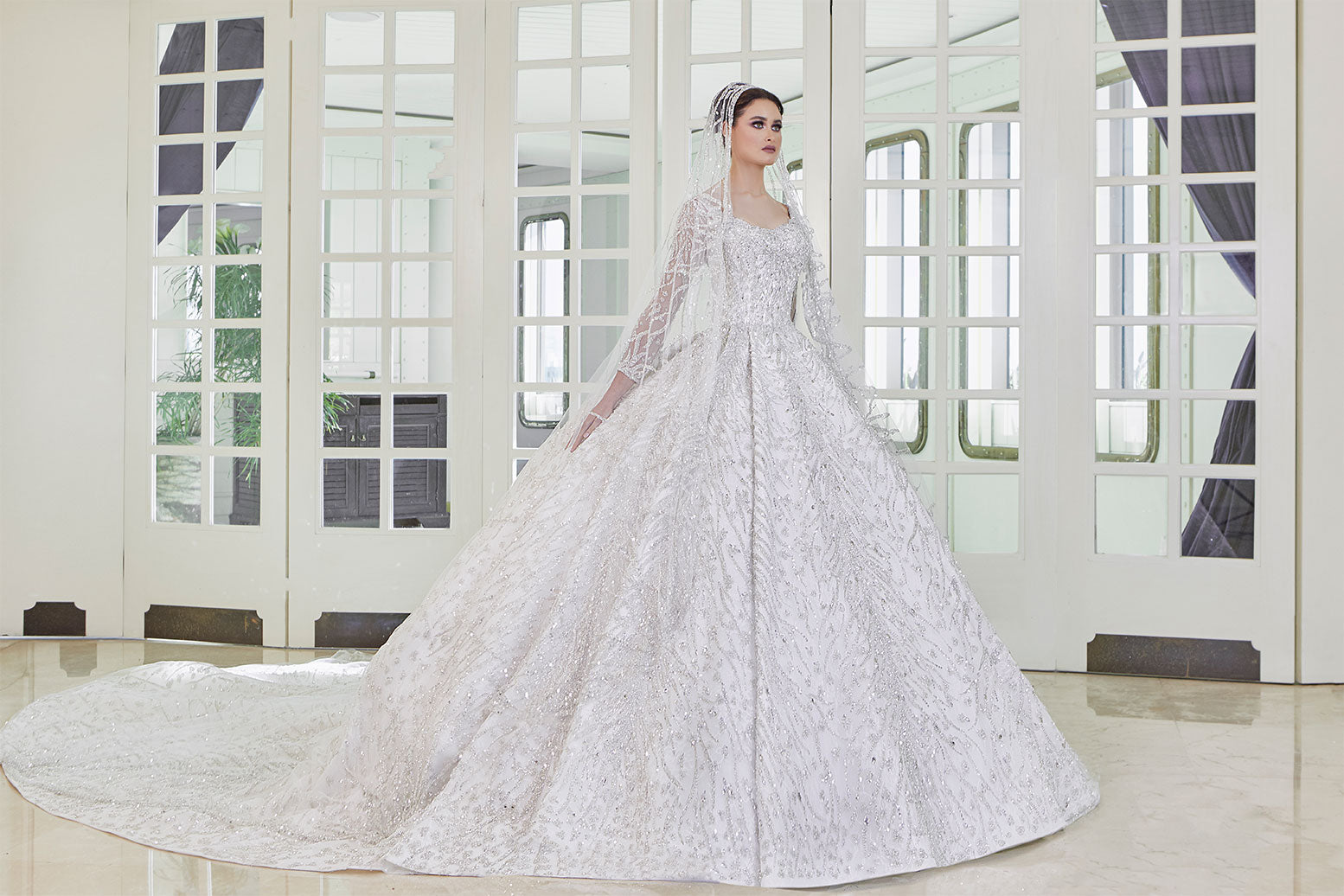 A-Line Wedding Dress Featured With A Beautiful Full Embroidery Long Veil