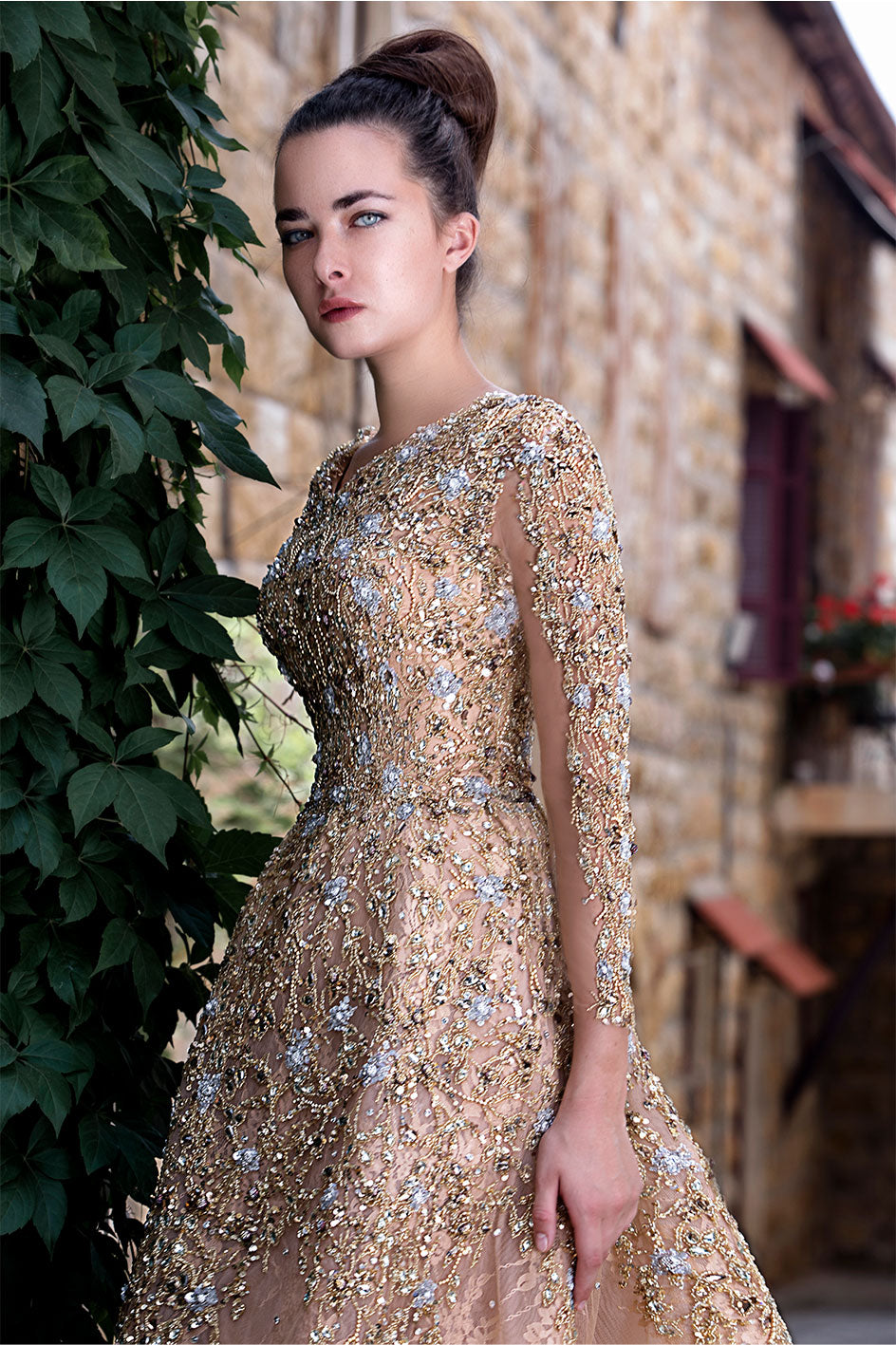 Tulle Crystal Dress With Over Skin Shoulders