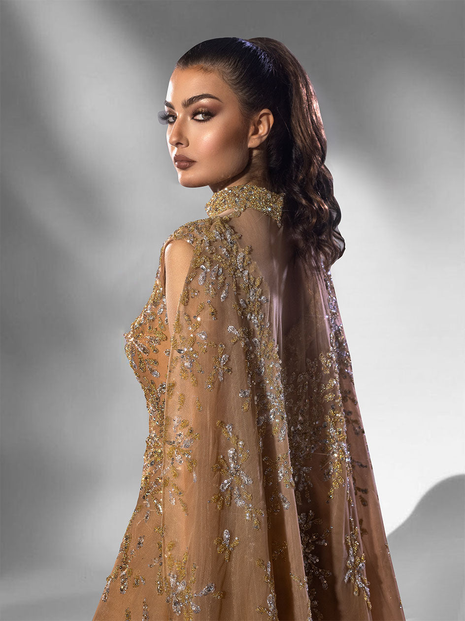 Semi Open Back Tulle Golden Dress