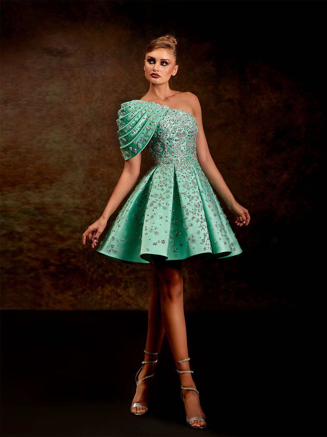 Short Turquoise Night Gown With One Sided Ruffled Shoulder