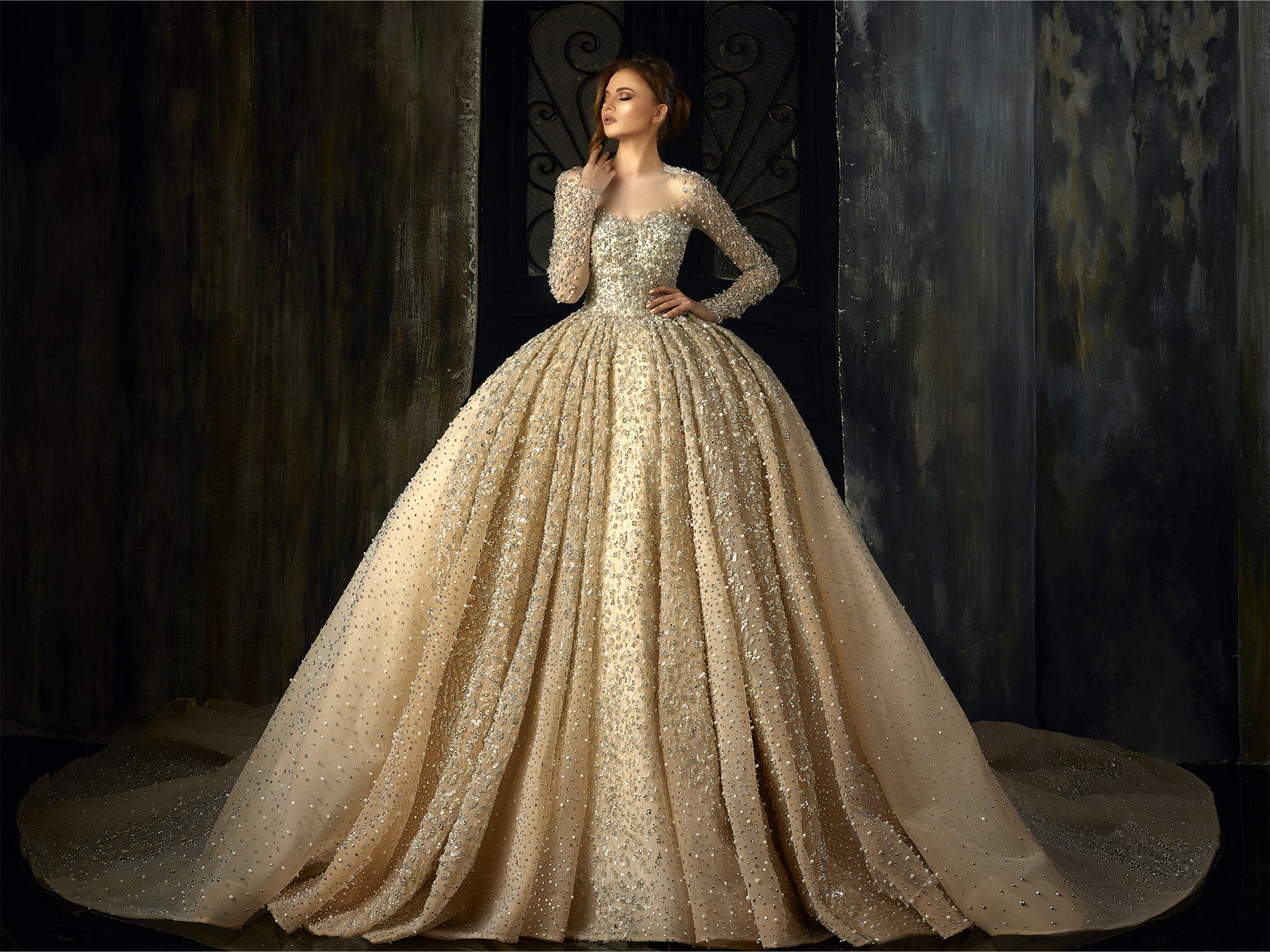 Luxurious Golden Hued Ball Gown Wedding Dress