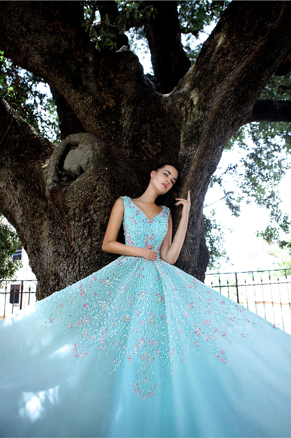 A-Line Soft Turquoise Night Gown Embroidered with The Finest Pink & Silver Crystals