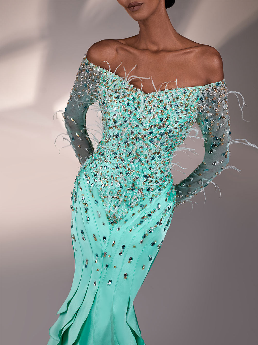 Mermaid Fit Night Gown With Off-Shoulder Sleeves