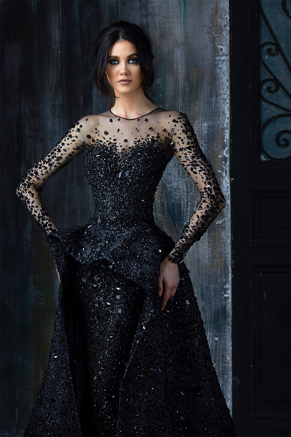 Black Crystal Overskirt Tailored To A Slim Cut Night Gown