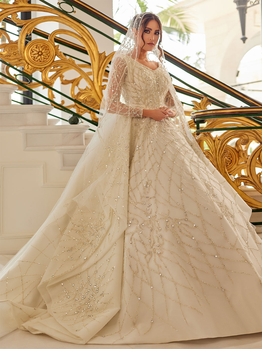 Long Sleeved Crystal Embedded Bridal Gown