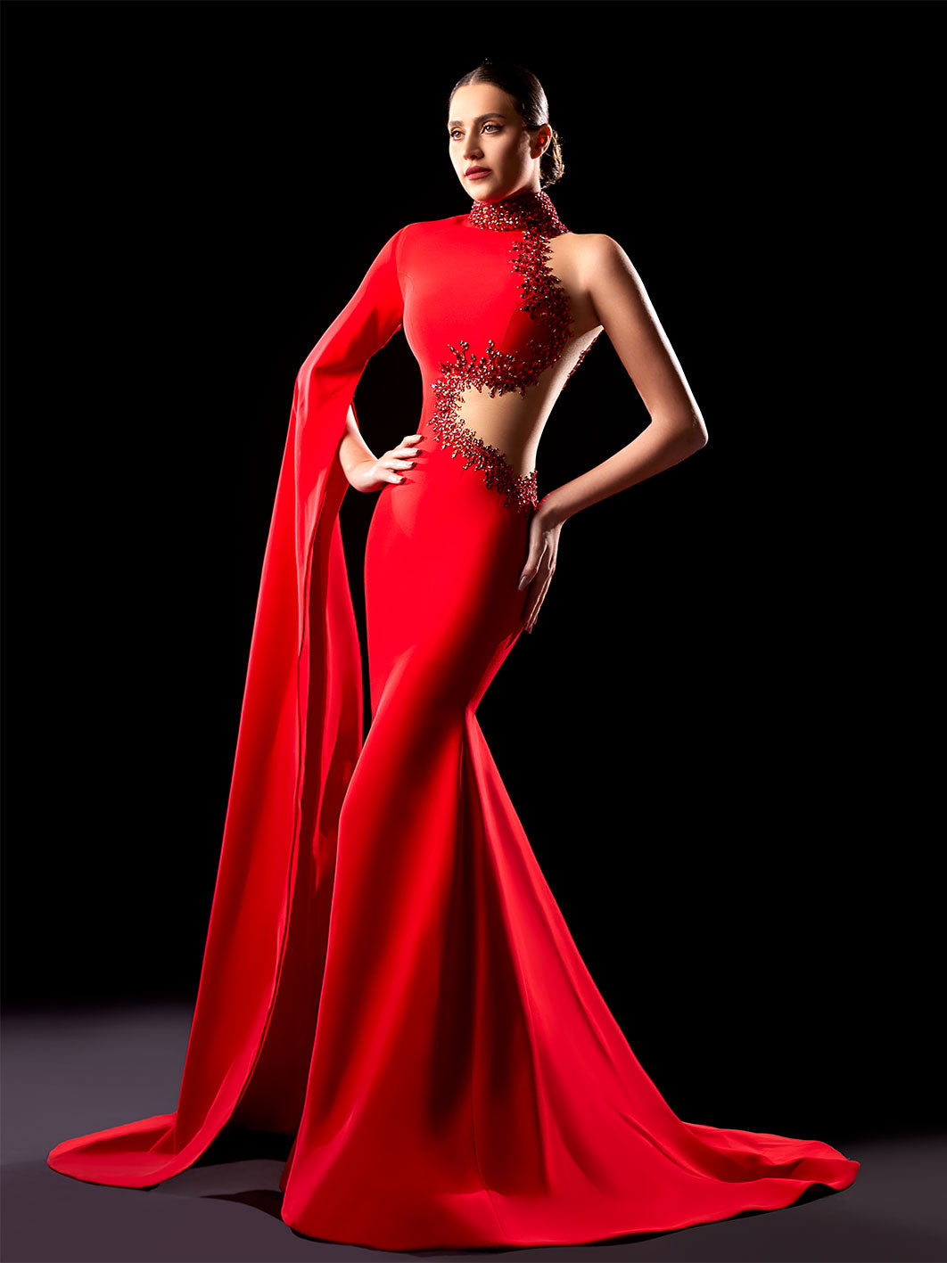 Slim Fit Red Dress With One Sided Long Flared Sleeve