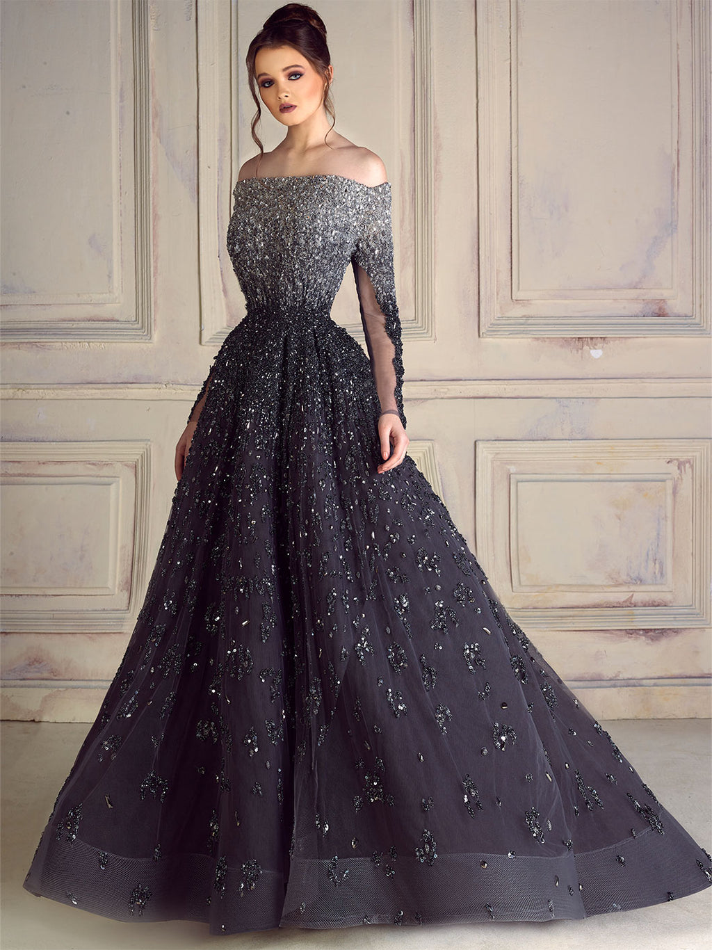 Off-Shoulder Long Sleeved Night Gown Embroidered With Color Descending Crystals