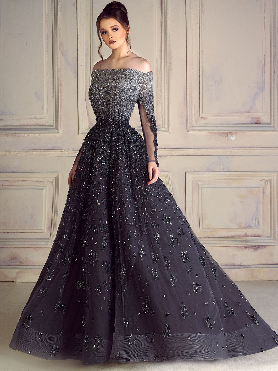 Off-Shoulder Long Sleeved Night Gown Embroidered With Color Descending Crystals