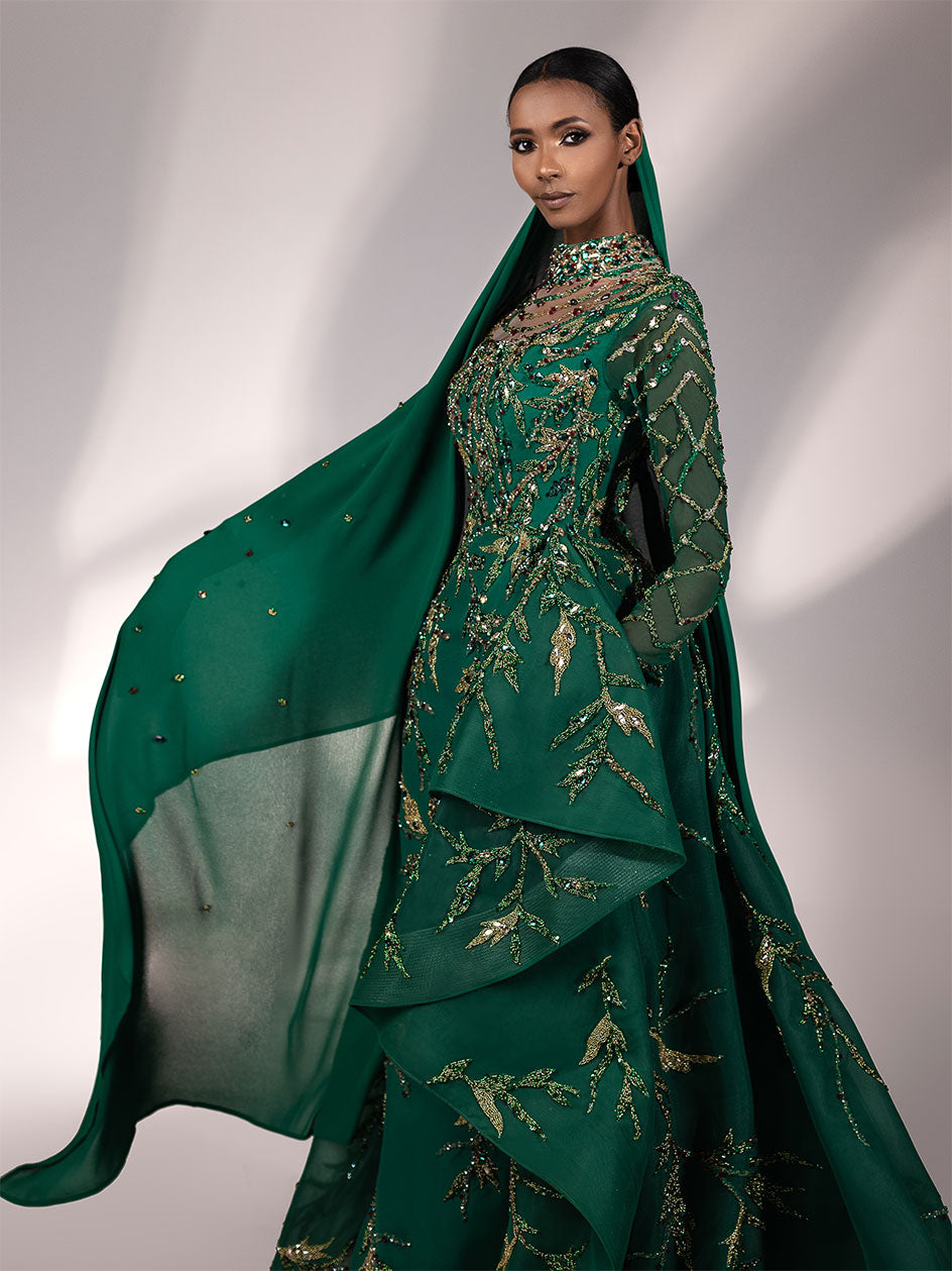 Arabian Night Inspired Night Gown Tailored Using the Finest Emerald & Ruby Red Crystals