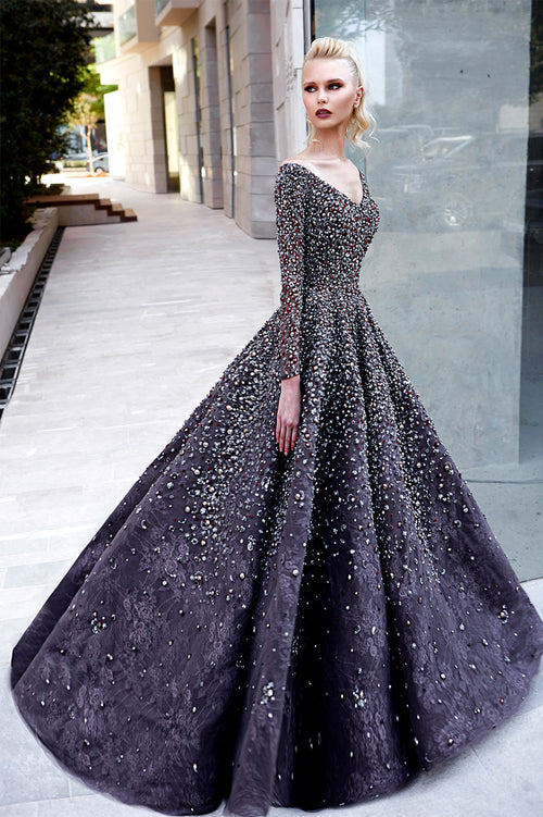 A-Line Cut Dress Embedded With Silver And Ruby Red Crystals