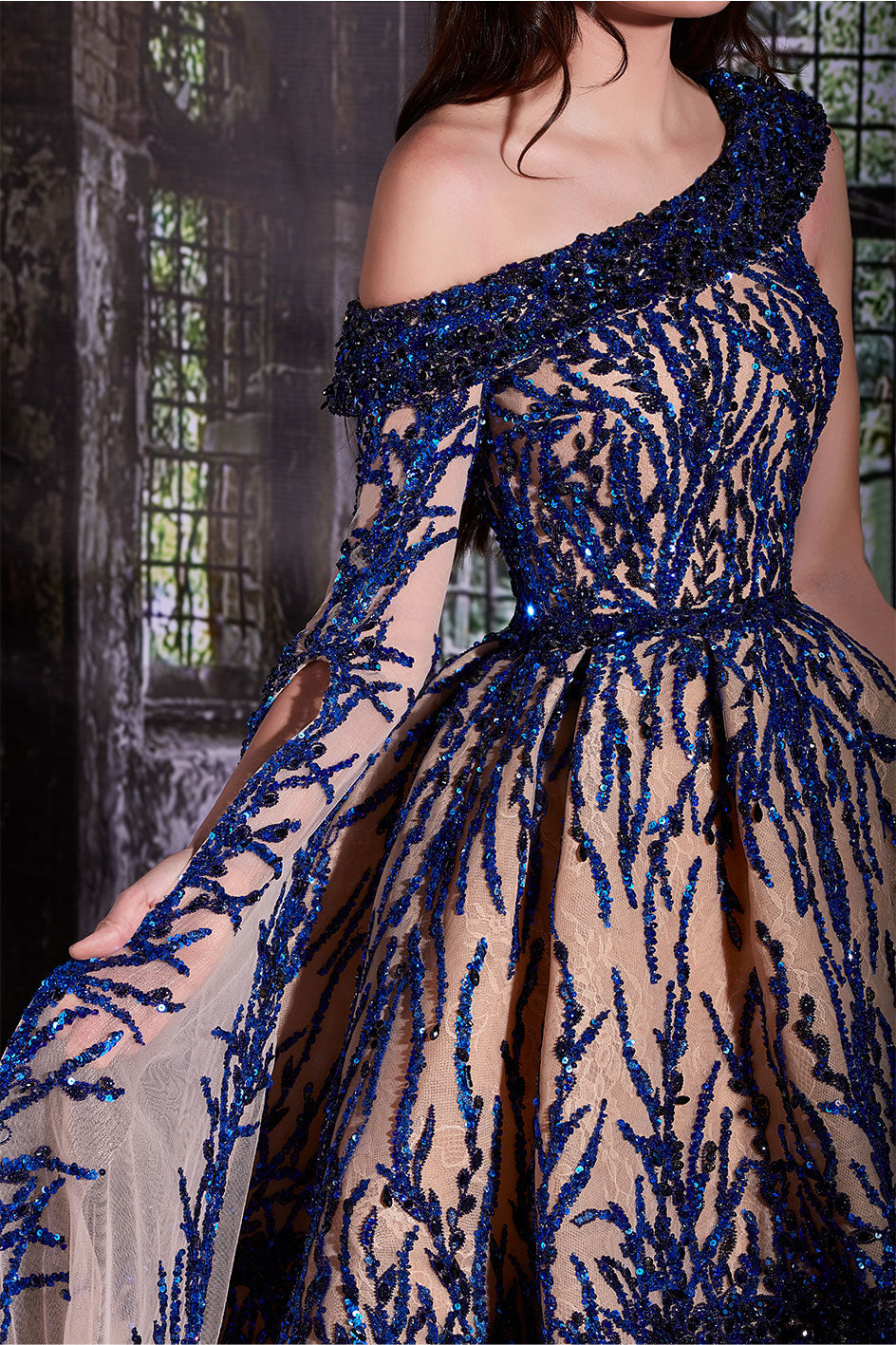 Princess Cut Night Gown With A One-Sided Flared Dentelle Sleeve SAMAR ABOU RAAD Princess Cut Night Gown With A One-Sided Flared Dentelle Sleeve SAMAR ABOU RAAD