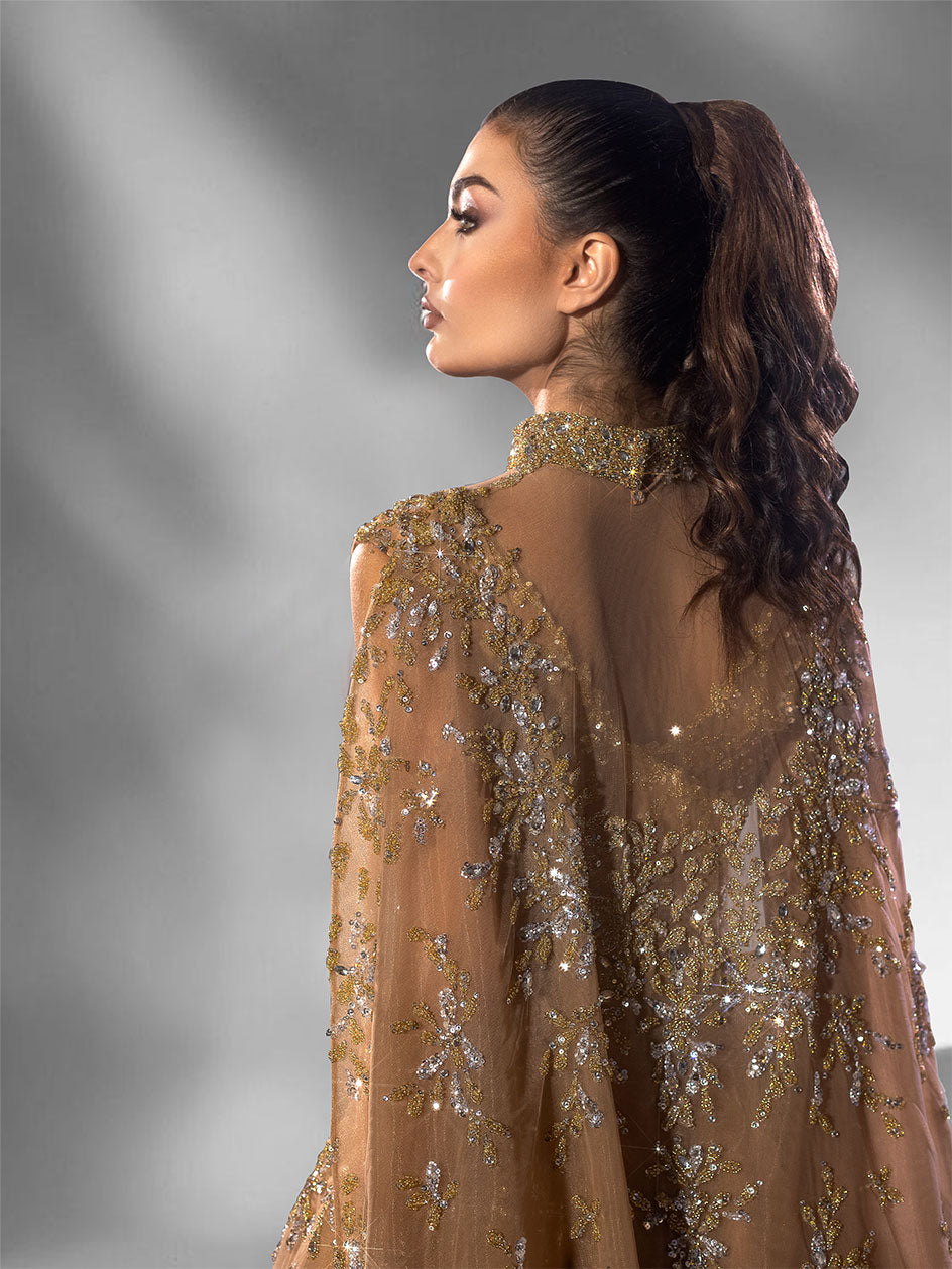 Semi Open Back Tulle Golden Dress