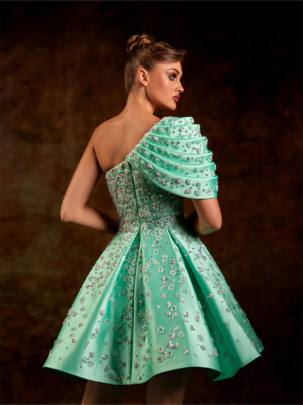 Short Turquoise Night Gown With One Sided Ruffled Shoulder