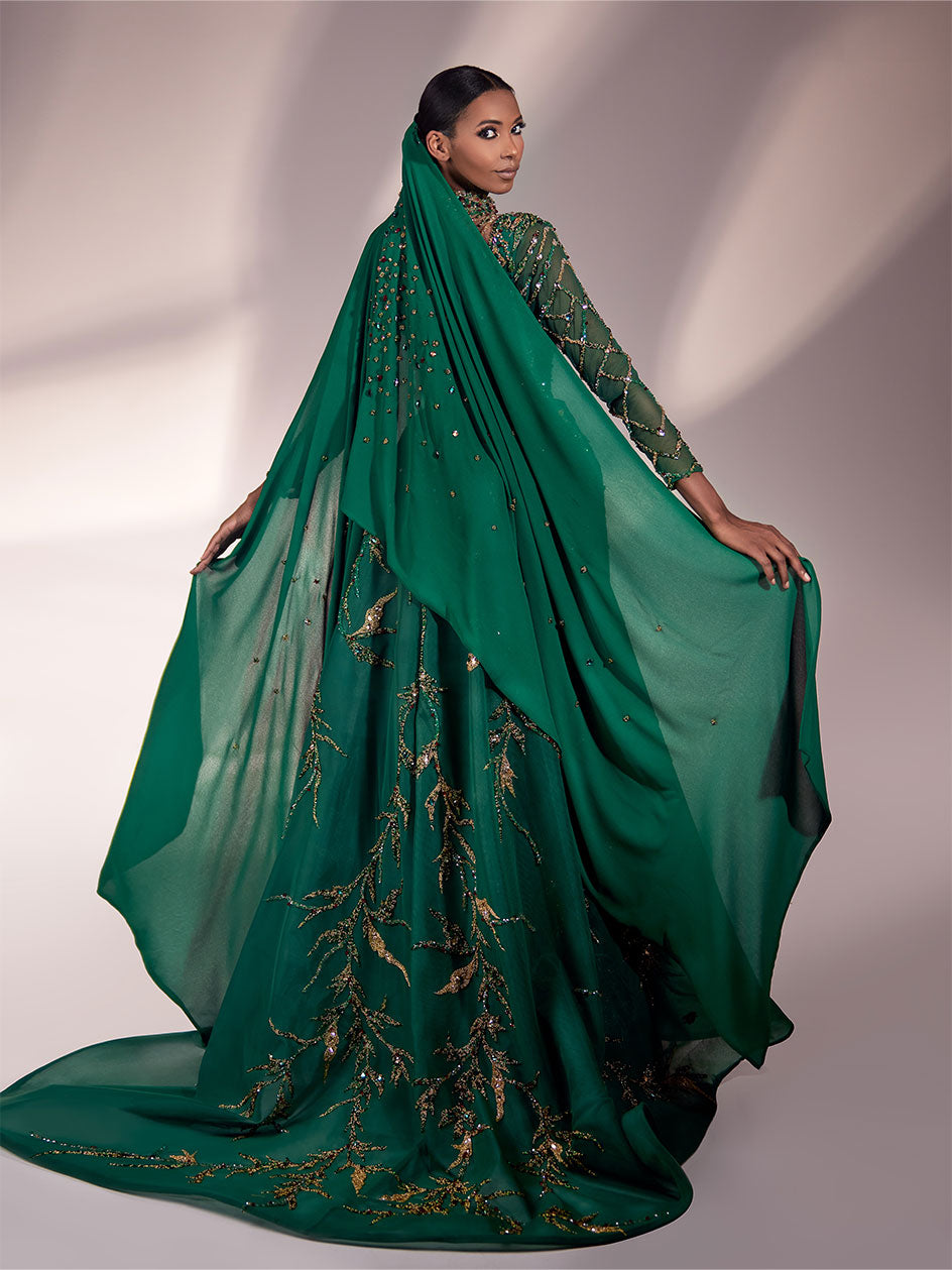 Arabian Night Inspired Night Gown Tailored Using the Finest Emerald & Ruby Red Crystals