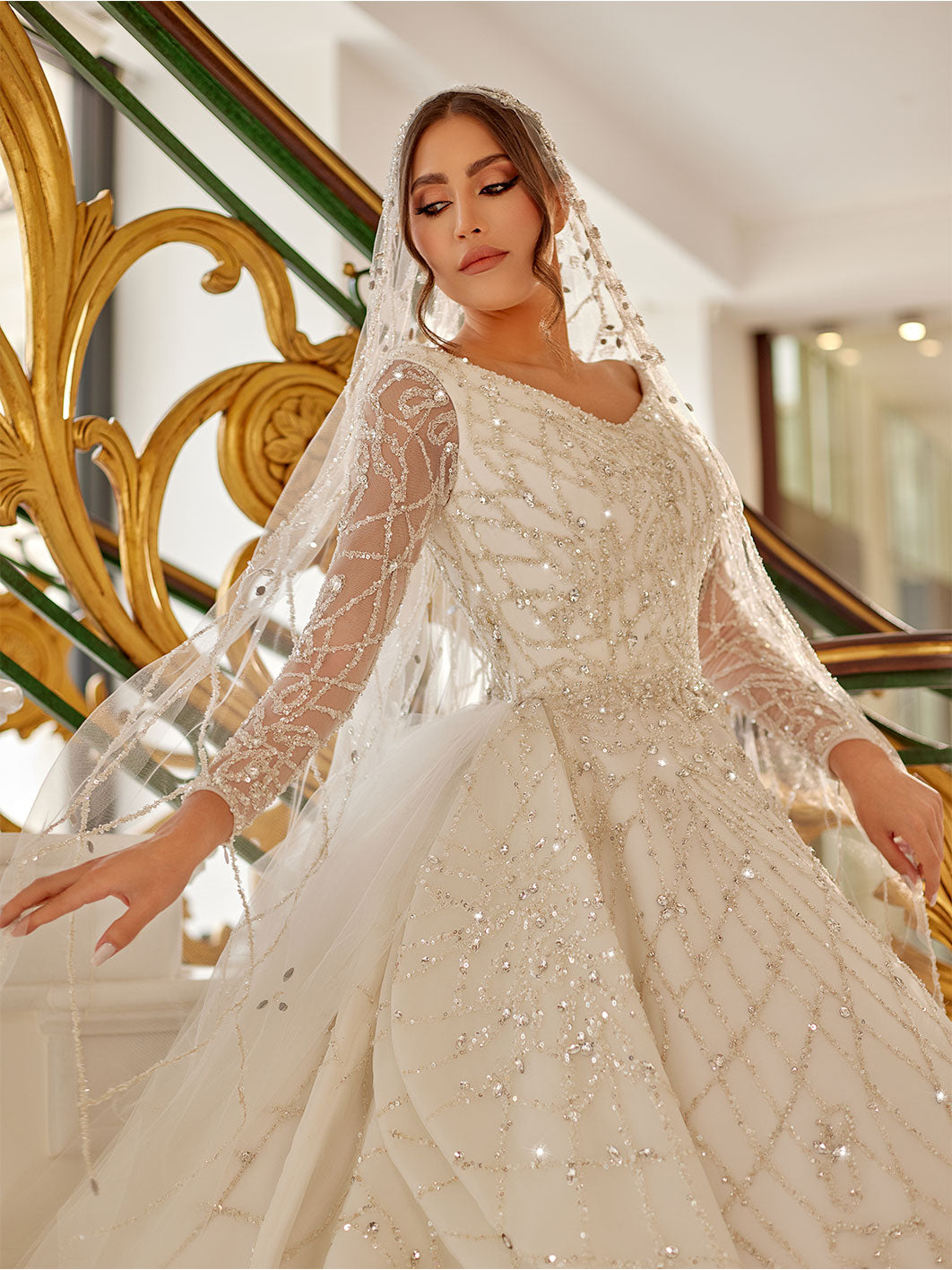 Long Sleeved Crystal Embedded Bridal Gown