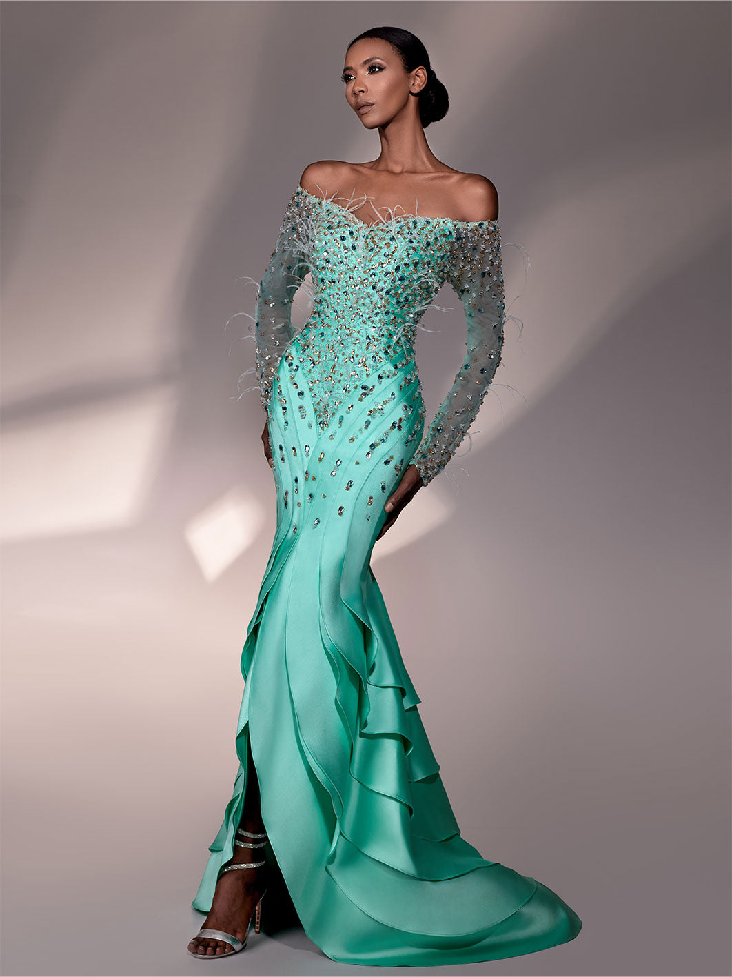 Mermaid Fit Night Gown With Off-Shoulder Sleeves