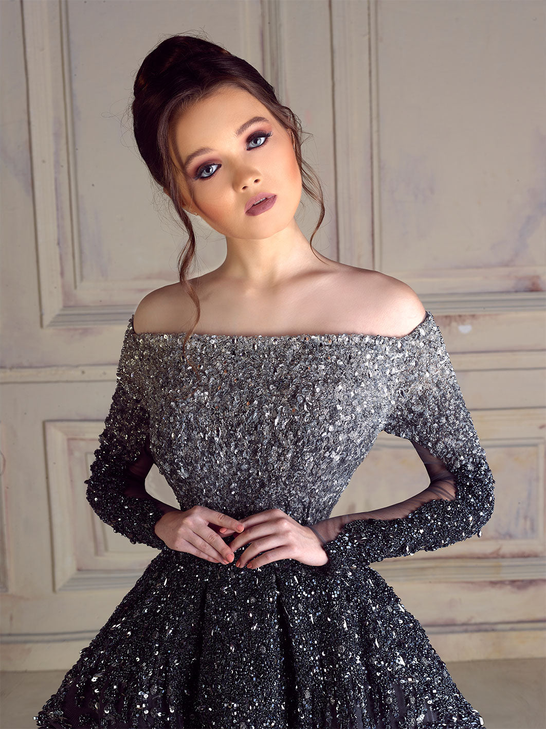 Off-Shoulder Long Sleeved Night Gown Embroidered With Color Descending Crystals
