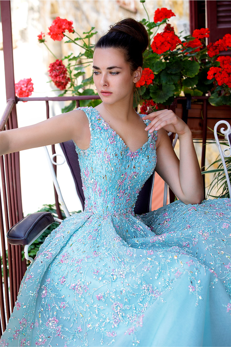 A-Line Soft Turquoise Night Gown Embroidered with The Finest Pink & Silver Crystals
