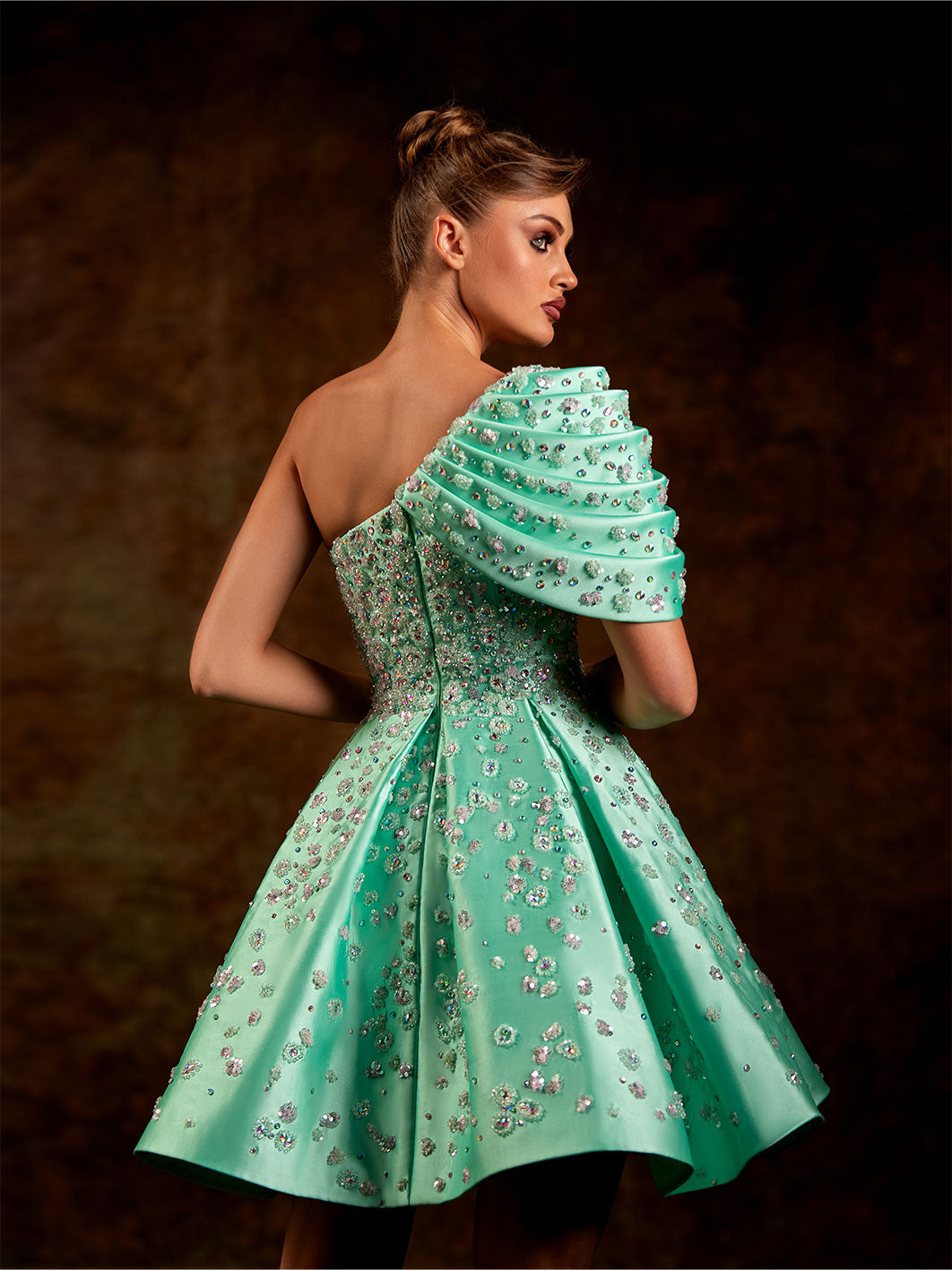 Short Turquoise Night Gown With One Sided Ruffled Shoulder