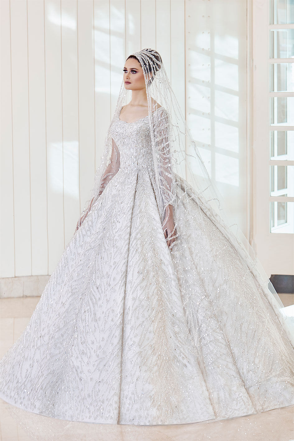 A-Line Wedding Dress Featured With A Beautiful Full Embroidery Long Veil