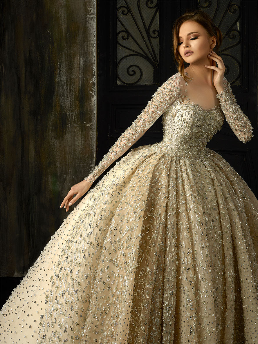 Luxurious Golden Hued Ball Gown Wedding Dress