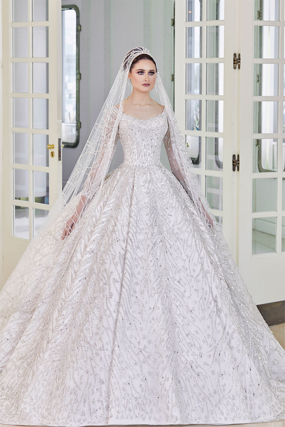 A-Line Wedding Dress Featured With A Beautiful Full Embroidery Long Veil